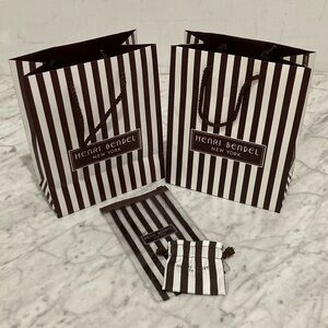 LOT Henri Bendel Mini Drawstring Dustbag Pouch Gift Bag Logo Brown White Stripe